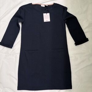 Tabitha Webb Navy Blue Textured Shift Dress Ruffle Cuff Pockets Womens Small NWT